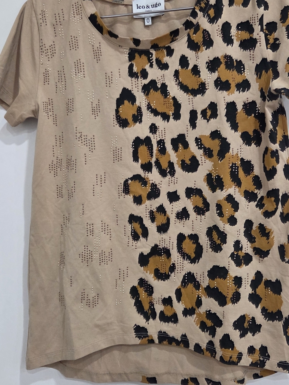 Leo & Ugo Leopard Print Studded Tee - Beige, Black & Mustard